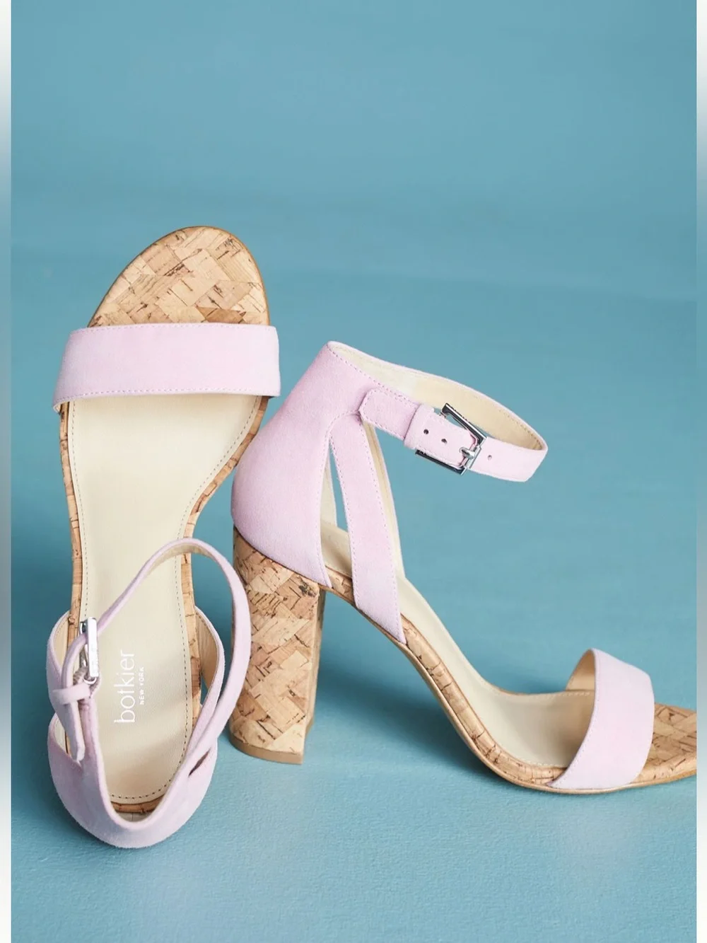 Anthropologie Botkier Gianna Ankle-Strap Suede Cork Heel Sandals Lilac Size 7.5
